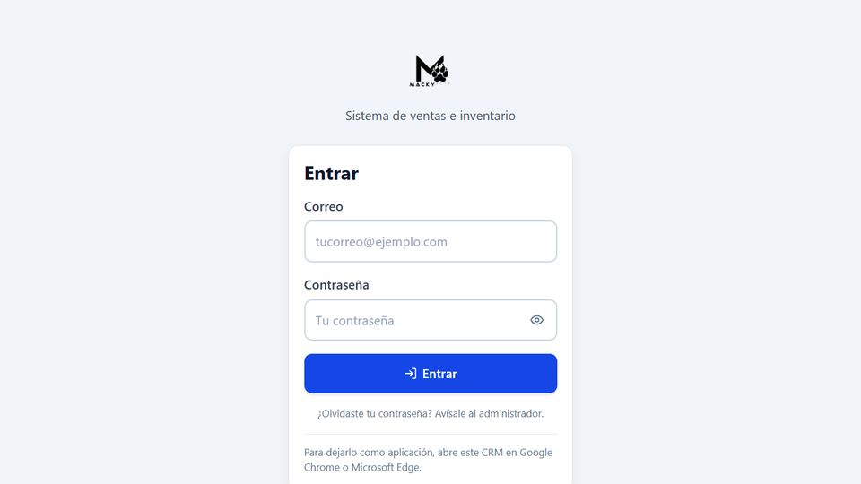 Página web de Mackypets CRM